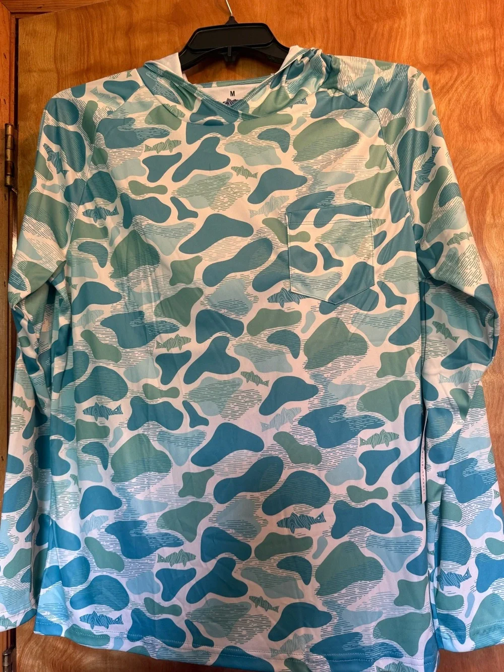Southern Fin Lightweight Hooded Fishing Shirt Teal & White Abstract Print medium